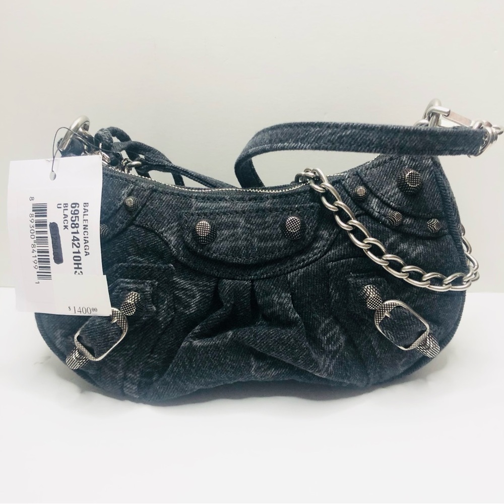 BALENCIAGA LE CAGOLE DENIM MINI BAG W/ CHAIN & STRAP